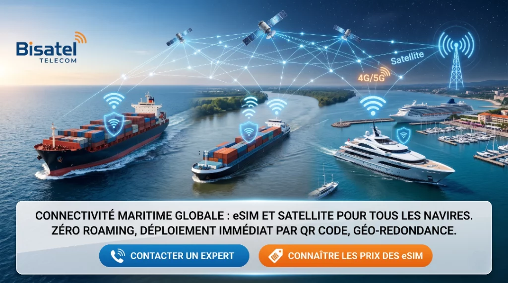 SIM maritime : internet haut débit pour professionnels. Internet en mer : maîtrisez votre roaming avec l'eSIM Bisatel Telecom. Solutions satellite et 5G pour navires, fret et yachting. Prix ici