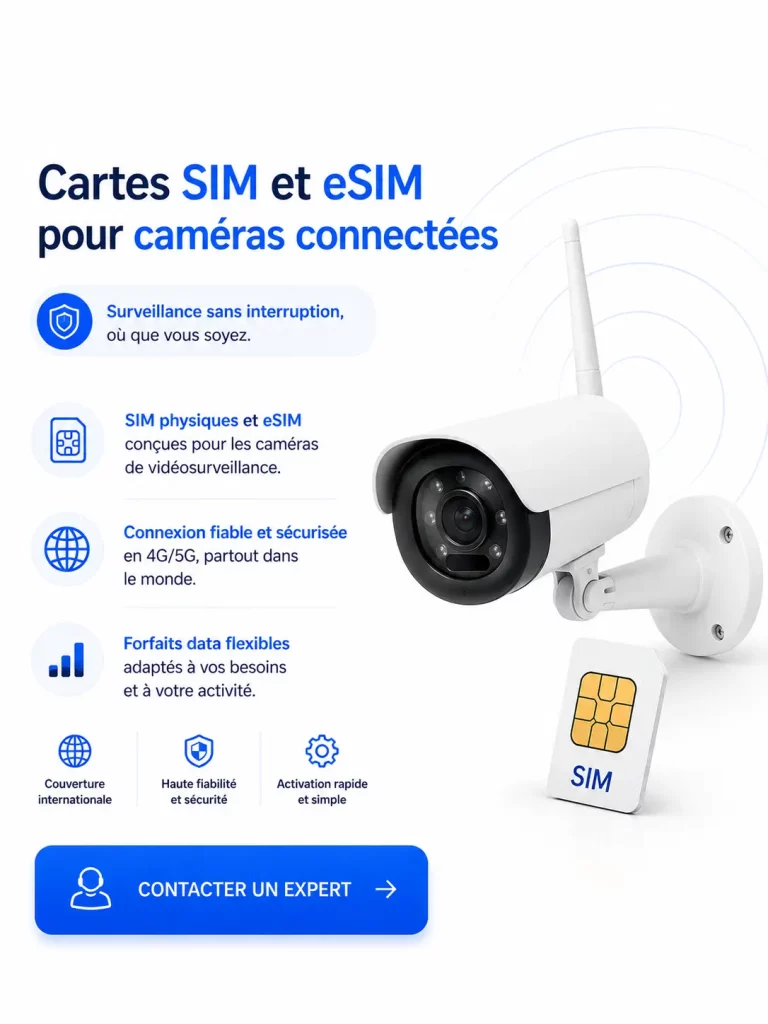 SIM eSIM pour caméra connectée : connectivité multi-réseau internationale automatique. Sécurisez vos flux vidéo partout.